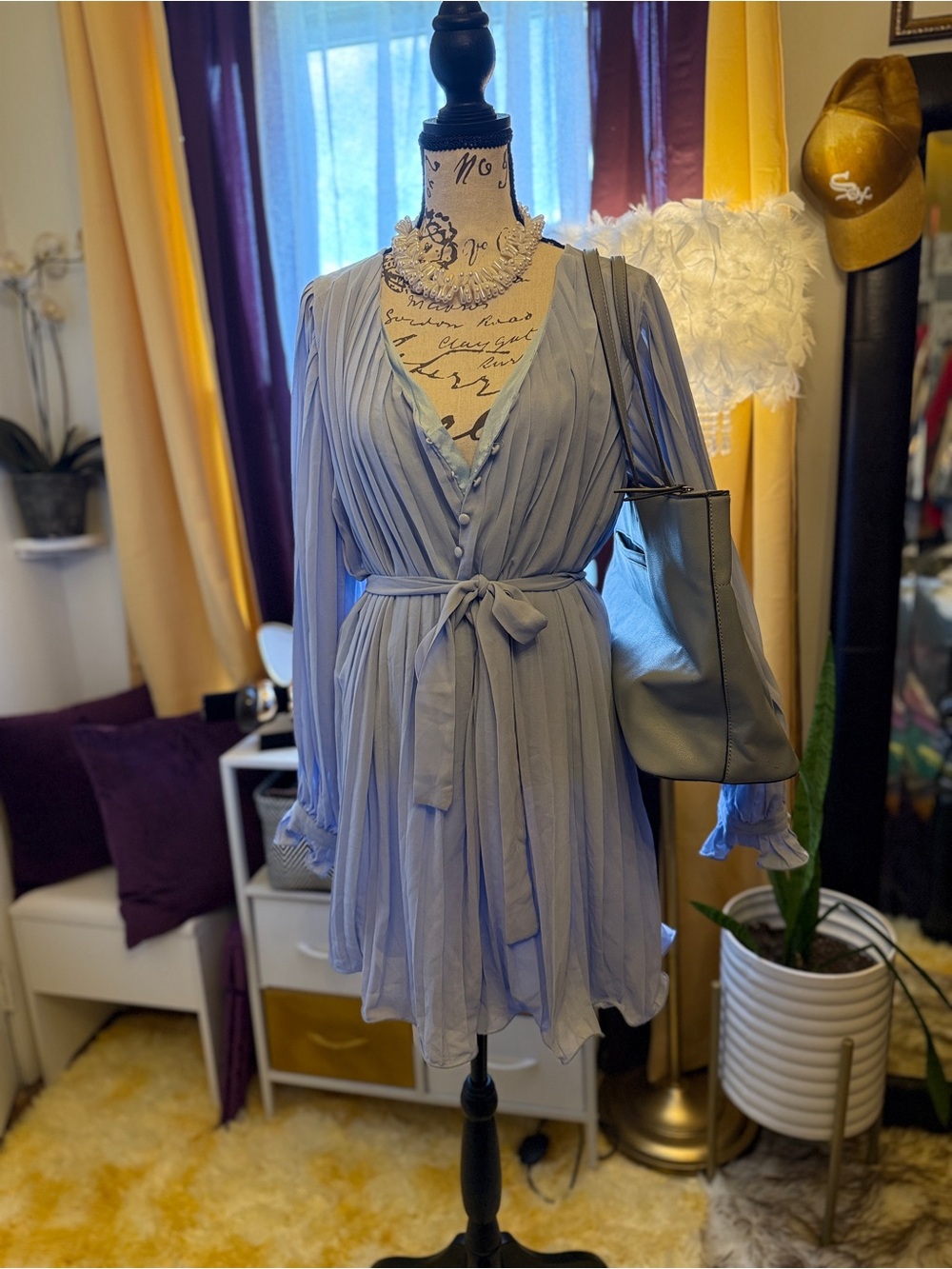 Light Blue Pleated Romper with Tie Waist